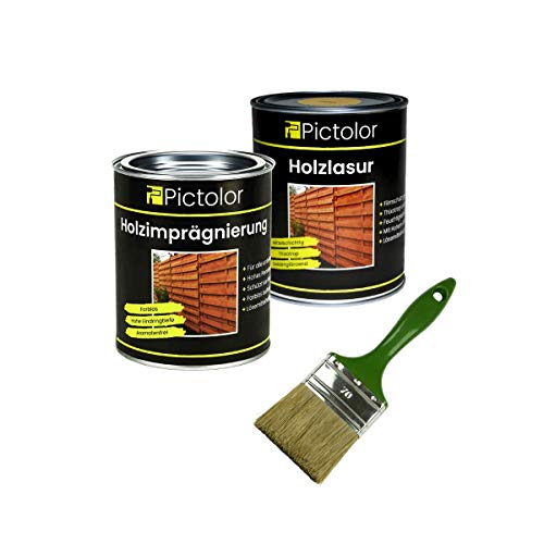 Pictolor Holzschutz Set: Pictolor Holzlasur 0,75 Liter Nussbaum + Pictolor Imprägnierlasur 0,75 Liter + Lasur Pinsel 70mm von Malerversand