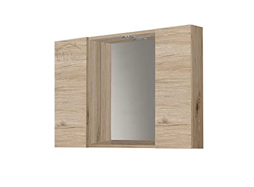 Mama Store Badezimmerspiegel mit 2 Fächern und LED-Licht – natürliche Eiche, Holz, L.81 cm X P. 16 cm X H. 60 cm von Mama Store
