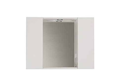 Mama Store Badezimmerspiegel mit 2 Fächern und LED-Licht – weiß glänzend lackiert, Holz, L.81 cm X P. 16 cm X H. 60 cm von Mama Store