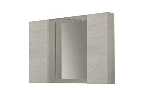 Mama Store Badezimmerspiegel mit 2 Fächern und LED-Licht – weiß glänzend lackiert, Holz, L.81 cm X P. 16 cm X H. 60 cm von Mama Store