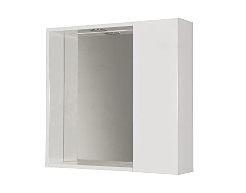 Mama Store Badezimmerspiegel mit Behälter und LED-Licht-weiß glänzend lackiert, Holz, L.60 cm X P. 16 cm X H.60 cm von Mama Store