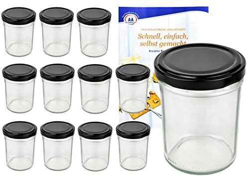 MamboCat 12er Set Sturzgläser 230 ml Hoch Deckelfarbe schwarz to 66 inkl. Diamant Gelierzauber Rezeptheft, Marmeladengläser, Einmachgläser, Einweckgläser, Gläser von MamboCat