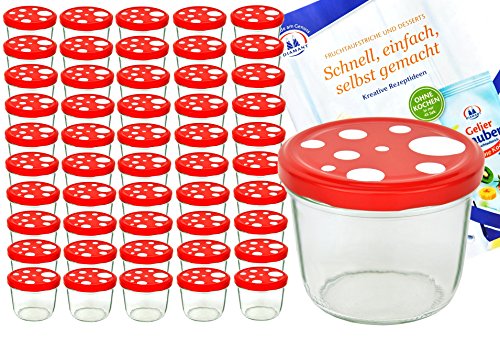 MamboCat 50er Set Sturzglas 230 ml to 82 Fliegenpilz Deckel rot weiß gepunktet incl. Diamant Gelierzauber Rezeptheft Marmeladenglas Einmachglas Einweckglas von MamboCat