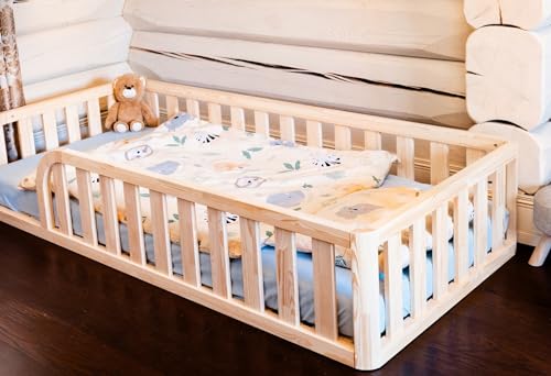Mandrele - Montessori Bett, Bodenbett mit Lattenrost, Rausfallschutz Bett, Kinderbett, Holzbett mit Bettgestell für Jungen und Mädchen, Baby Bett, 160x90cm, Natur Holz von Mandrele