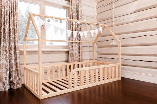 Mandrele - Montessori Bett, Hausbett mit Lattenrost, Rausfallschutz Bett, Bodenbett, Kinderbett, Holzbett mit Bettgestell für Jungen und Mädchen, Baby Bett, 160x90cm, Natur Holz von Mandrele