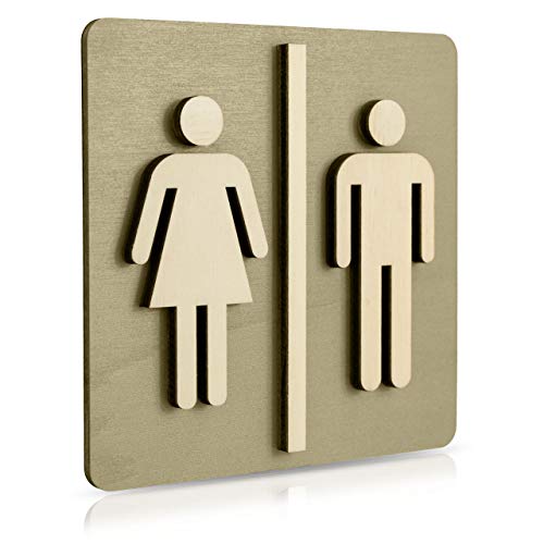 WC Schild Nussbaum Dunkel Holz Toilettenschild Toilette Türschild Damen Herren Piktogramm (Moosgrau 14x14cm) von Manschin Laserdesign