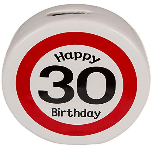 Spardose Happy Birthday 18 30 50 Geburtstag rot/weiß Keramik Sparbüchse rund, Motiv:30. Geburtstag von Marabella