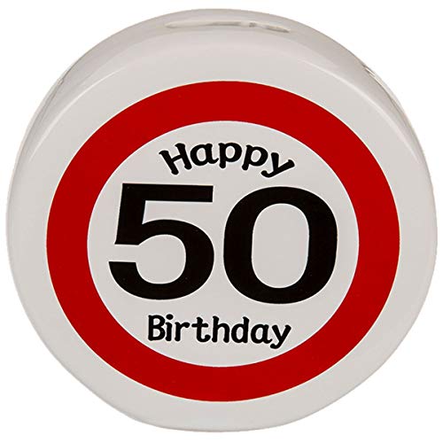 Spardose Happy Birthday 18 30 50 Geburtstag rot/weiß Keramik Sparbüchse rund, Motiv:50. Geburtstag von Marabella