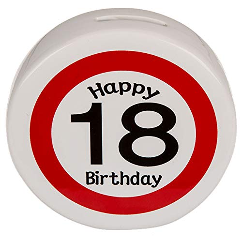 Spardose Happy Birthday 18 30 50 Geburtstag rot/weiß Keramik Sparbüchse rund, Motiv:18. Geburtstag von Marabella