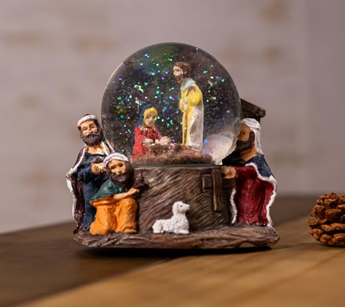 Marco Paul Schneekugel mit Weihnachtskrippe – zeigt Maria, Joseph und Jesus umgeben von drei Weisen und einem Lamm – große Weihnachtskugel (Größe 15 cm), Naturholzfarbe mit Glitzer-Schnee-Effekt von Marco Paul Interiors
