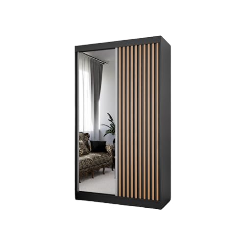 MargaretHadas24 Kleiderschrank Lili mit Lamellen und Spiegel inklusive 2 Schiebetüren Schwebetürenschrank Kleiderstange Garderobe Schrank (schwarz, schwarz, Lamelle wotan, Spiegel, 120 cm) von MargaretHome24