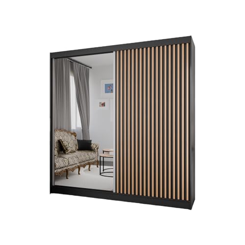 MargaretHadas24 Kleiderschrank Lili mit Lamellen und Spiegel inklusive 2 Schiebetüren Schwebetürenschrank Kleiderstange Garderobe Schrank (schwarz, schwarz, Lamelle wotan, Spiegel, 200 cm) von MargaretHome24