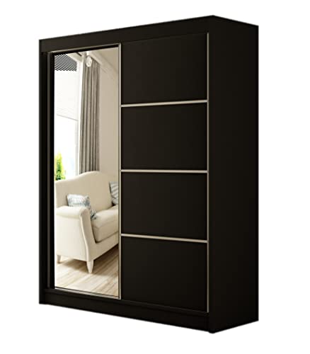 MargaretHadas24 Kleiderschrank Padwa inklusive 2 Schiebetüren mit Spiegel Kleiderstange Garderobe Schrank (schwarz, 120 cm) von MargaretHome24