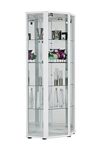 K-Möbel Eckvitrine in Weiss (176x56,5x56,5 cm) mit 4 Glasböden, Schloss, Spiegel & LED - Modellauto Vitrine - Vitrinenschrank - Sammlervitrine - Wohnzimmerschrank Glasvitrine stehend Regal von K-Möbel