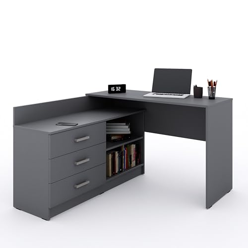 Marlux-Meble Schreibtisch mit Schubladen 3 und Regalen 2 | Eckschreibtisch Grau Matt | PC Schreibtisch L Form mit Stauraum (Omega Schreibtisch Holz 131x120x76 cm) von Marlux-Meble