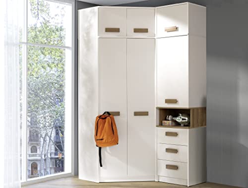 Marmex Grant G12 - Eckschrank 91x235x143 cm, Bücherregal - Eckgarderobe mit Kleiderstangen und Einlegeböden für das Jugendzimmer, Schlafzimmer - Eckkleiderschrank - weiß + Riviera Eiche von Marmex Meble