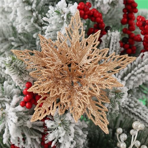 12 Stück Glitter Weihnachtsbaum Dekoration,Weihnachten Schneeflocken Charms,Weihnachten Blumen Poinsettia Ornament Weihnachten Dekor, Christbaumanhänger (Rose Gold) von Martin Kench
