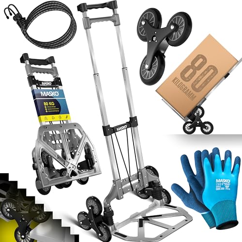 MASKO® Stufen-Sackkarre Treppenkarre Klappbar 80 kg Tragkraft 3x3 Treppensteiger inkl. Rädern + 2 Expanderseile + Handschuhe - höhenverstellbarer Griff - Aluminium Handkarre für Transportkarre Grau von MASKO