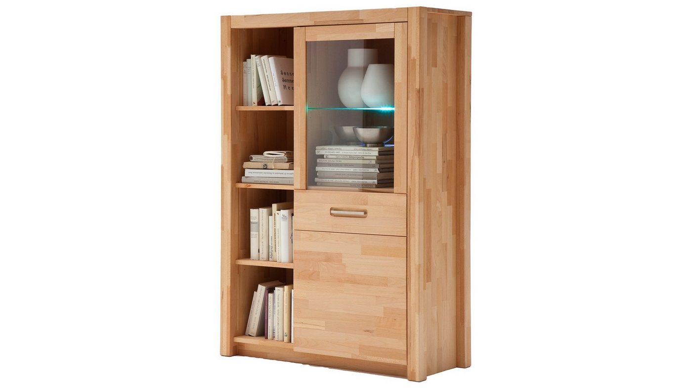 Massivart® Highboard Fenja 98 cm Breite/ Massivholz Kernbuche geölt, 1 Tür mit Glaseinsatz / 5 Einlegeböden / 1 Glasboden mit Beleuchtung von Massivart®