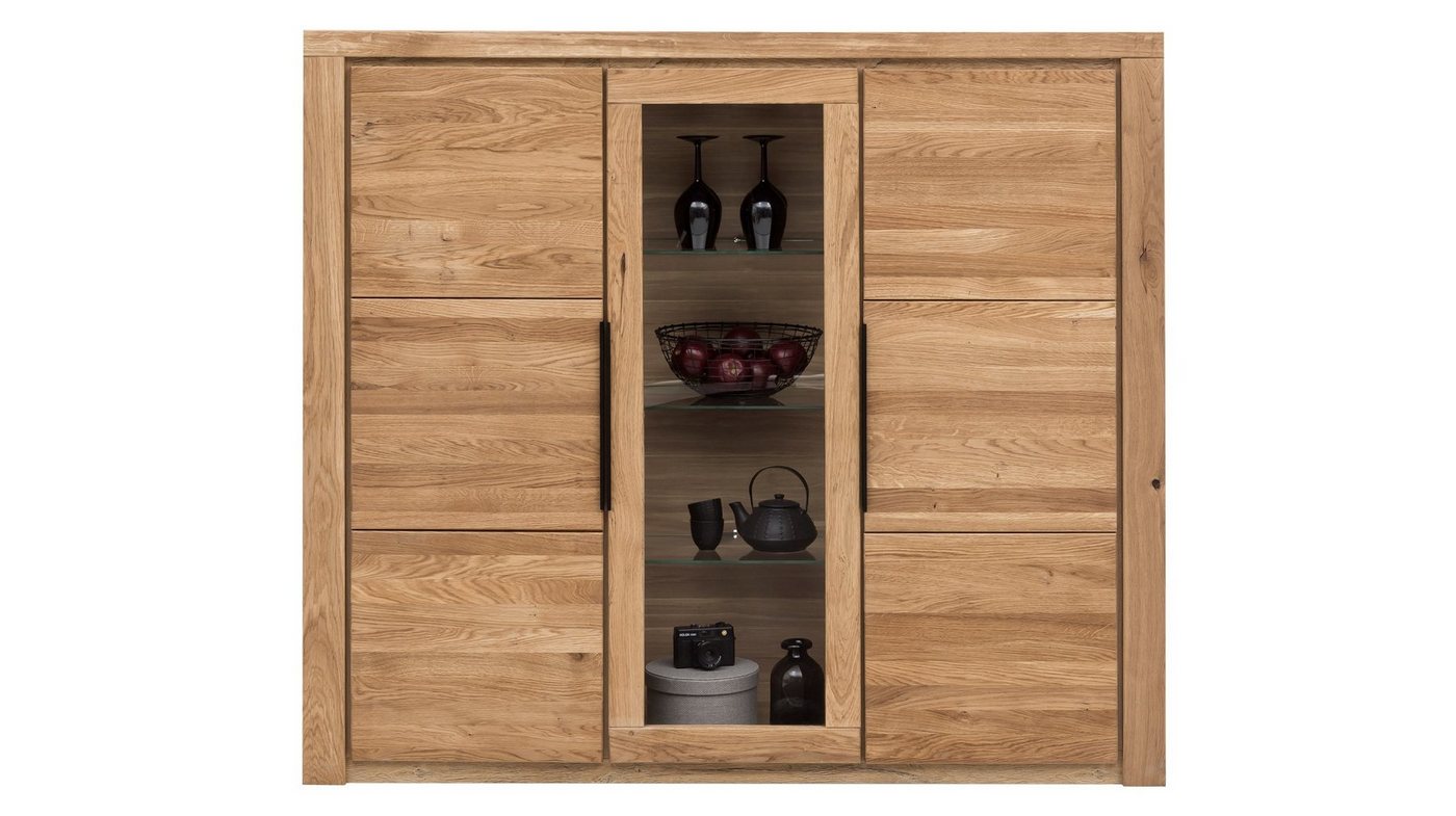 Massivart® Highboard Greta 160 cm Breite / Massivholz Eiche teilmassiv geölt, 1 Tür mit Glaseinsatz / 4 Einlegeböden / 3 Glasböden von Massivart®