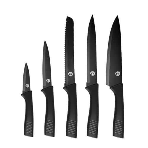 MasterChef Messerset, Küchenmesser Set ink. Kochmesser, Gemüsemesser, Schälmesser, Schneidemesser & Brotmesser, Scharfe Messer Edelstahl, Antihaftbeschichtete, Soft-Touch-Griffe, 5-teilig, Schwarz von MasterChef