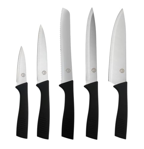 MasterChef Messerset, Küchenmesser Set ink. Kochmesser, Gemüsemesser, Schälmesser, Schneidemesser & Brotmesser, Scharfe Messer Edelstahl, Antihaftbeschichtete, Soft-Touch-Griffe, 5-teilig, Silber von MasterChef