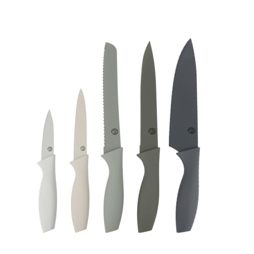 MasterChef Messerset, Küchenmesser Set ink. Kochmesser, Gemüsemesser, Schälmesser, Schneidemesser & Brotmesser, Scharfe Messer Edelstahl, Antihaftbeschichtete, Soft-Touch-Griffe, 5-teilig, Grau von MasterChef