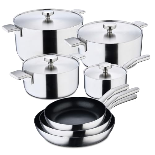 MasterPRO Alessi - Set mit 4 Pfannen von 20, 24 und 28cm und 4 Deckeln von 16, 20, 24 und 28cm - Aus Edelstahl - Ergonomischer Griff - Mit Induktionsboden - Leicht zu reinigen von MasterPRO