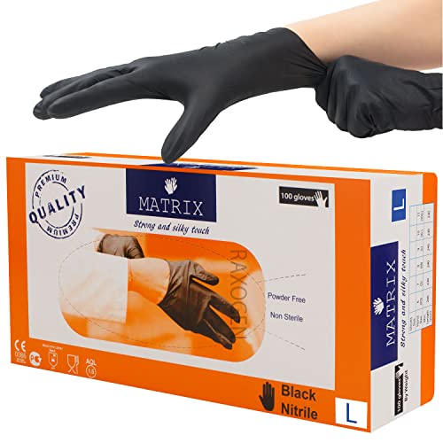 Einweghandschuhe Einmalhandschuhe | Nitril Handschuhe Gummihandschuhe Einweg Handschuhe | Puderfrei Latexfrei Nitrilhandschuhe (L, Schwarz, 100) von MATRIX