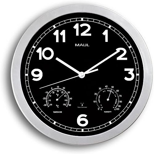 Maul Wanduhr MAULdrive Ø 30cm | stilvolle Uhr mit schwarzem Ziffernblatt | inkl. Thermometer und Hygrometer | automatische Zeiteinstellung | ideal für Büro, Zuhause und Besprechungsraum | Silber von Maul