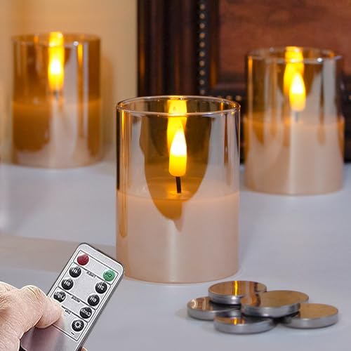 Mavandes 5cm x 7.5cm Echtglas Gold Flammenlose Teelicht LED Kerzen mit 6 Cr2450 Batterien,Packung mit 6 flackernden batteriebetriebenen kleinen Echtwachskerzen mit Timerfunktion und Fernbedienung von Mavandes