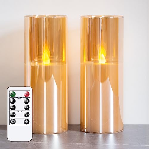 Mavandes 7.5x20cm Gold Glas Flammenlose LED-Kerzen, Batteriebetriebene flackernde Echtwachs-Stumpenkerzen mit Fernbedienung und Timer-Funktion, 2er-Pack von Mavandes