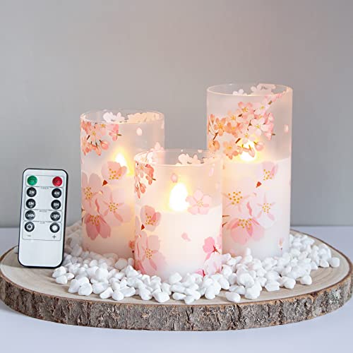 Mavandes Flammenlose Glas LED Kerzen mit Fernbedienung und Timerfunktion,Kirschblüte Batteriebetrieben Echtes Wachs 3er-Satz Warmes Feuer Elektrische Stumpenkerzen(7,5CM x 10 12,5 15CM) von Mavandes
