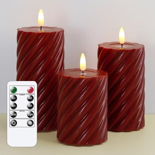 Mavandes Flammenlose LED-Kerzen mit Fernbedienung, weinrot, batteriebetrieben, flackernde Säule, 3 Stück, Echtwachs-Zeitsteuerungskerzen (7,5 x 10,12,5,15 cm) von Mavandes