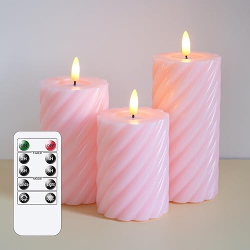 Mavandes Flammenlose LED-Kerzen mit Fernbedienung,Rosa batteriebetrieben flackernde Säule Pack von 3 echten Wachs Zeitsteuerung Kerzen (7,5x10,12,5,15cm) von Mavandes