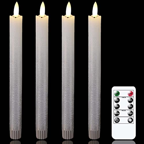 Mavandes LED Stabkerzen mit Fernbedienung und Timerfunktion,Silber Flammenlose Flackernde Batteriebetriebene Kerzen,4 Stück 3D-Docht Echtes Wachs Warmes Feuer LED-Kerzen(2 x 25cm) von Mavandes