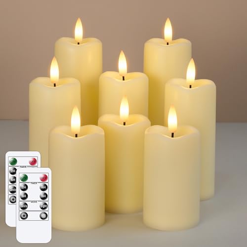 Mavandes Packung mit 8 flammenlos flackernden LED-Kerzen mit 2 Fernbedienungen und Timerfunktion, 5,3cm x 11cm 14cm 17cm Elfenbeinfarbene batteriebetriebene Kunststoffkerzen von Mavandes