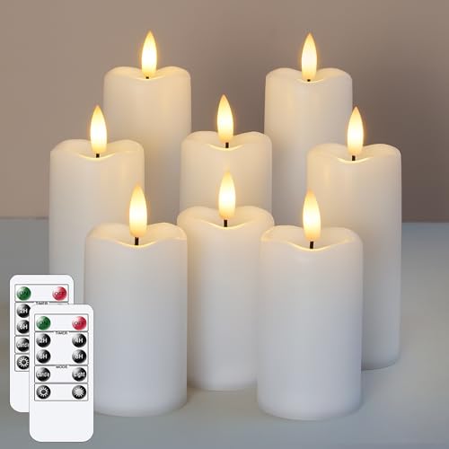 Mavandes Packung mit 8 flammenlos flackernden LED-Kerzen mit 2 Fernbedienungen und Timerfunktion, 5,3cm x 11cm 14cm 17cm Weiße batteriebetriebene Kunststoffkerzen von Mavandes