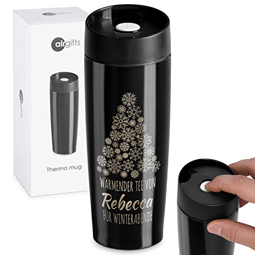 Maverton Thermobecher Kaffeebecher 350 ml - Isolierbecher personalisiert auslaufsicher - 100% dicht - Quick-Press-Verschluss - aus Edelstahl - zu Weihnachten - schwarz - Weihnachtsbaum von Maverton