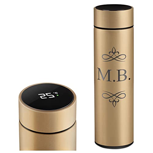 Maverton Thermosflasche 400 ml mit Gravur - Kaffeebecher mit LED-Temperaturanzeige - Reisebecher aus Edelstahl 100% dicht - Thermobecher für Männer - Farbe: Gold - Schnörkel von Maverton