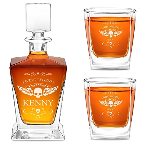 Maverton Whisky Dekanter 800 ml + 2/4 / 6er Whiskygläser Set mit Gravur - Whisky Karaffe mit Gläsern 250 ml - personalisiertes Whiskey Set für Männer - für Whiskyliebhaber - Living Legend von Maverton