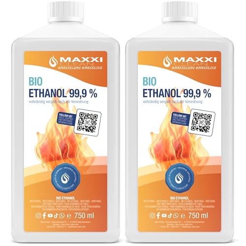 Maxxi Clean | 2X 750 ml Bioethanol für Tischkamine | Made in Germany | geruchsneutral und rußfrei bei Indoor,- und Outdoor Ethanol-Kaminen | geeignet für Raum,- und Gartenfeuer mit Alkohol-Kamin von Maxxi Clean
