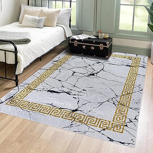 Mazovia Modern Teppich - Kurzflor Waschbar - Weich Teppich für Wohnzimmer, Schlafzimmer, Esszimmer – Teppiche Marmor Abstrakt Muster - Grau Gold 80 x 150 cm von Mazovia