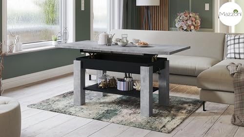 Mazzoni Design Couchtisch Tisch Astoria stufenlos höhenverstellbar 57-69cm ausziehbar 110-150cm mit Ablagefläche Esstisch (Betonoptik/Schwarz matt) von Mazzoni