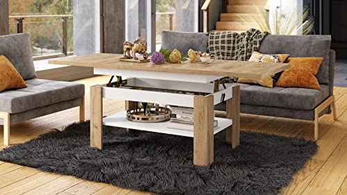 Mazzoni Design Couchtisch Tisch Rio stufenlos höhenverstellbar 55-67 cm ausziehbar 130-170cm mit Ablagefläche Esstisch, Farbe:Eiche Gold - Weiß matt von Mazzoni