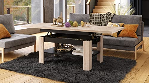 Mazzoni Design Couchtisch Tisch Rio stufenlos höhenverstellbar 55-67 cm ausziehbar 130-170cm mit Ablagefläche Esstisch, Farbe:Sonoma Eiche - Schwarz matt von Mazzoni