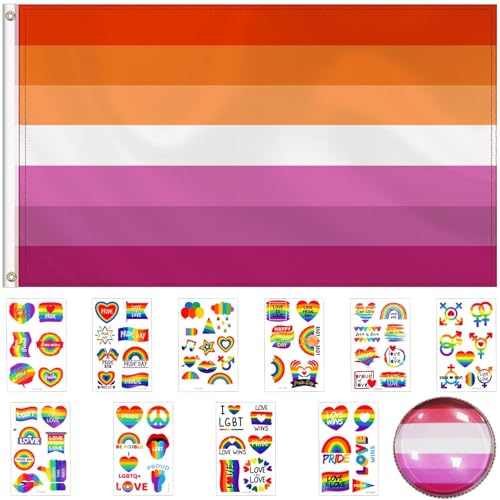 Mbsomnus Lesbian Flag Set - 75stk LGBTQ Sticker, Lesbian Flagge 150 x 90 cm, Lesbian Pin - LGBTQ Flagge Regenbogen Flagge Brosche Gay Flag mit 2 Messingösen für Party Paraden Karneval Festival Feiern von Mbsomnus
