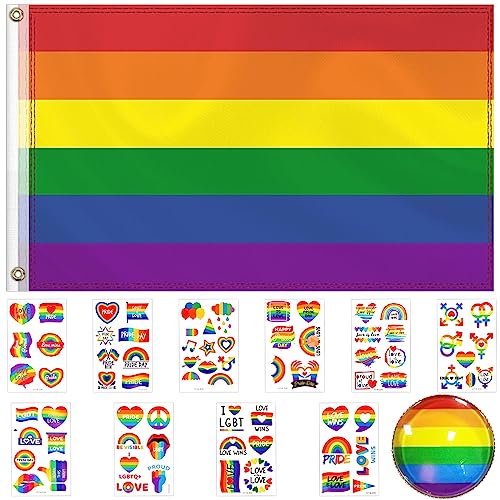 Mbsomnus Pride Flag Set - 75stk Pride Sticker, Pride Flagge 150x90cm, Pride Pin - LGBTQ Flagge Regenbogen Flagge Brosche Gay Flag mit 2 Messingösen für Party Paraden Karneval Festival Feiern von Mbsomnus