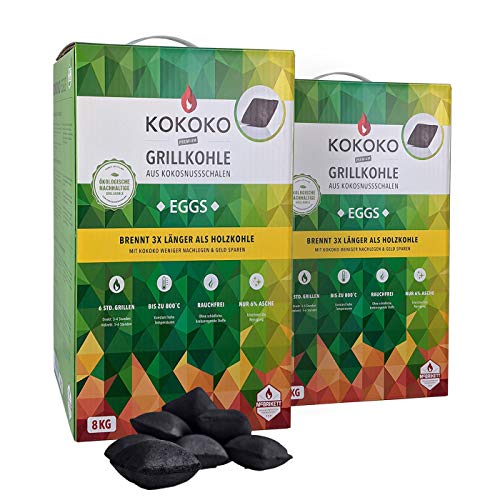 Set: 2 x 8 kg KOKOKO EGGS Premium Grillkohle, 16 kg Bio Kokos Grillbriketts von McBrikett