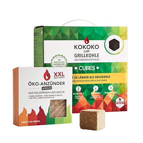 McBrikett KOKOKO Cubes Bio Kokos Grillbriketts 8 kg & Öko-Anzündwürfel Set – Lang anhaltende Glut bis 6h | Nachhaltiges Grillen von McBrikett